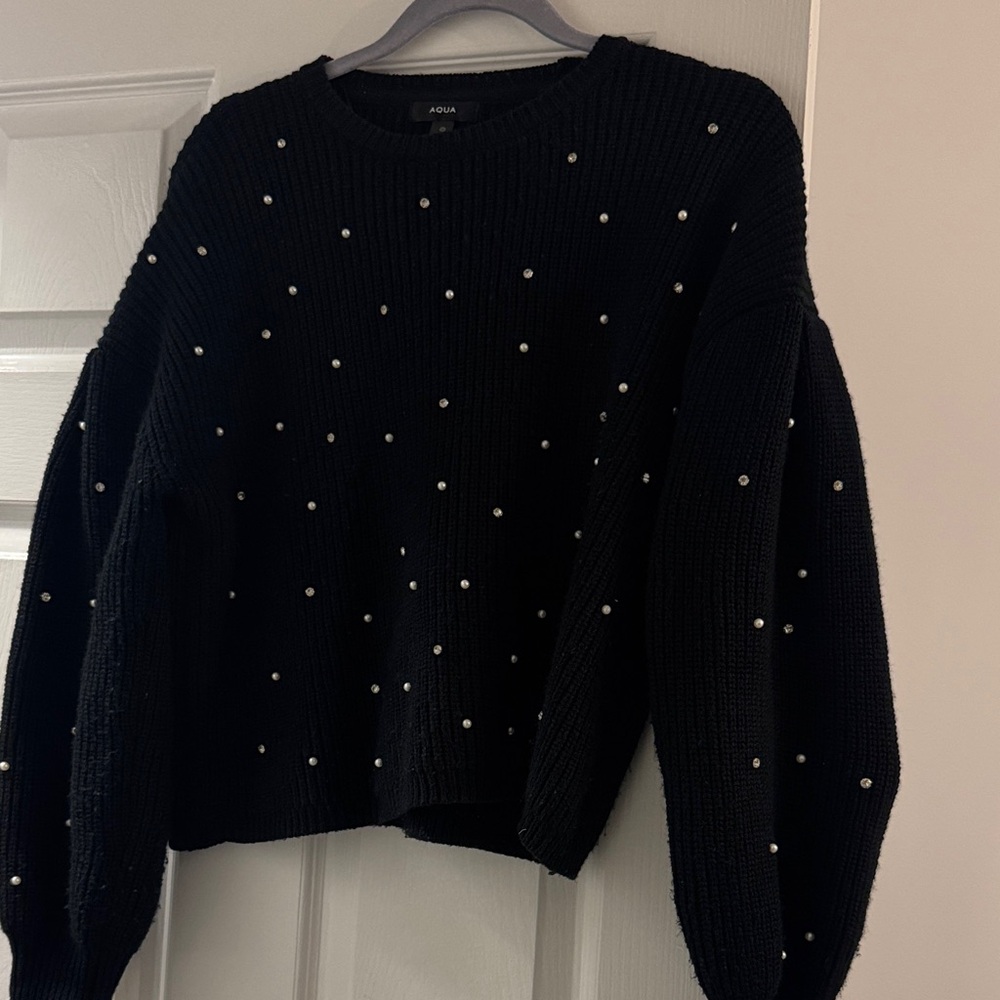 Aqua Black Sweater with Pearl and “Diamond” Accents